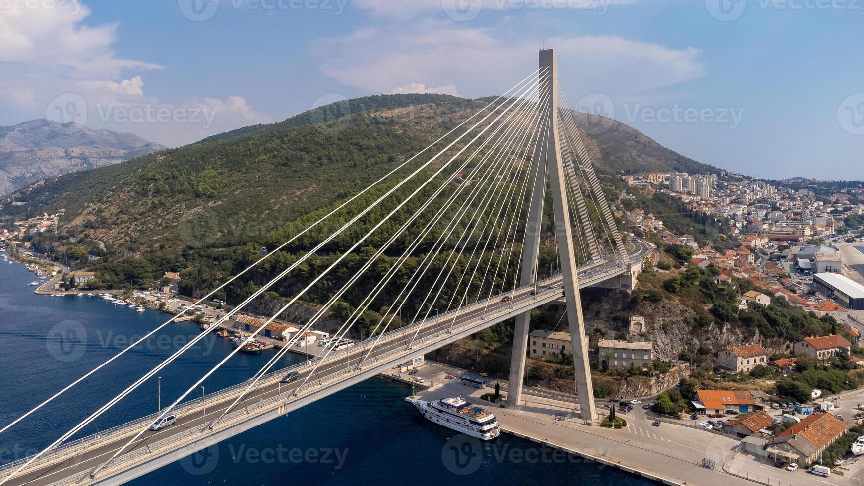 Aerial view of Franjo Tudman Bridge, a cable-stayed bridge, engineering work built for transportation and travel, near the port of Dubrovnik in Croatia photo