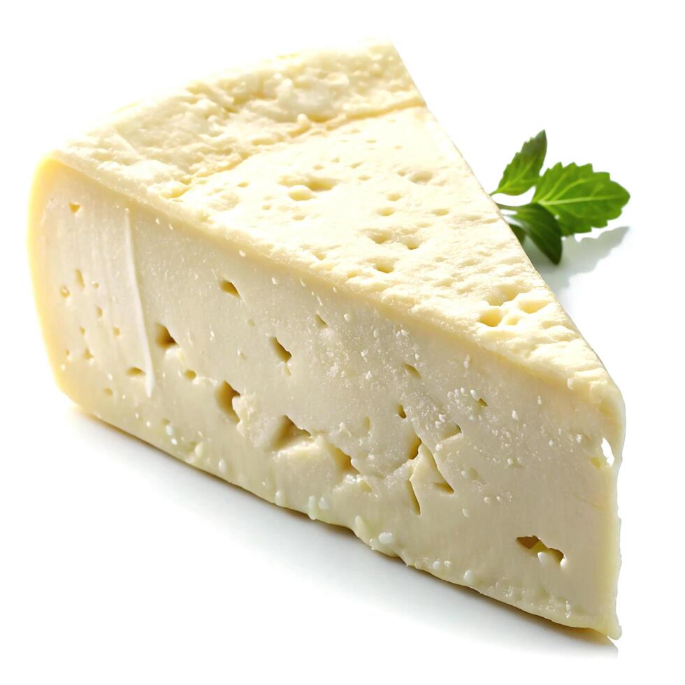 Close up of a wedge of cheese with holes and a sprig of mint beside it photo