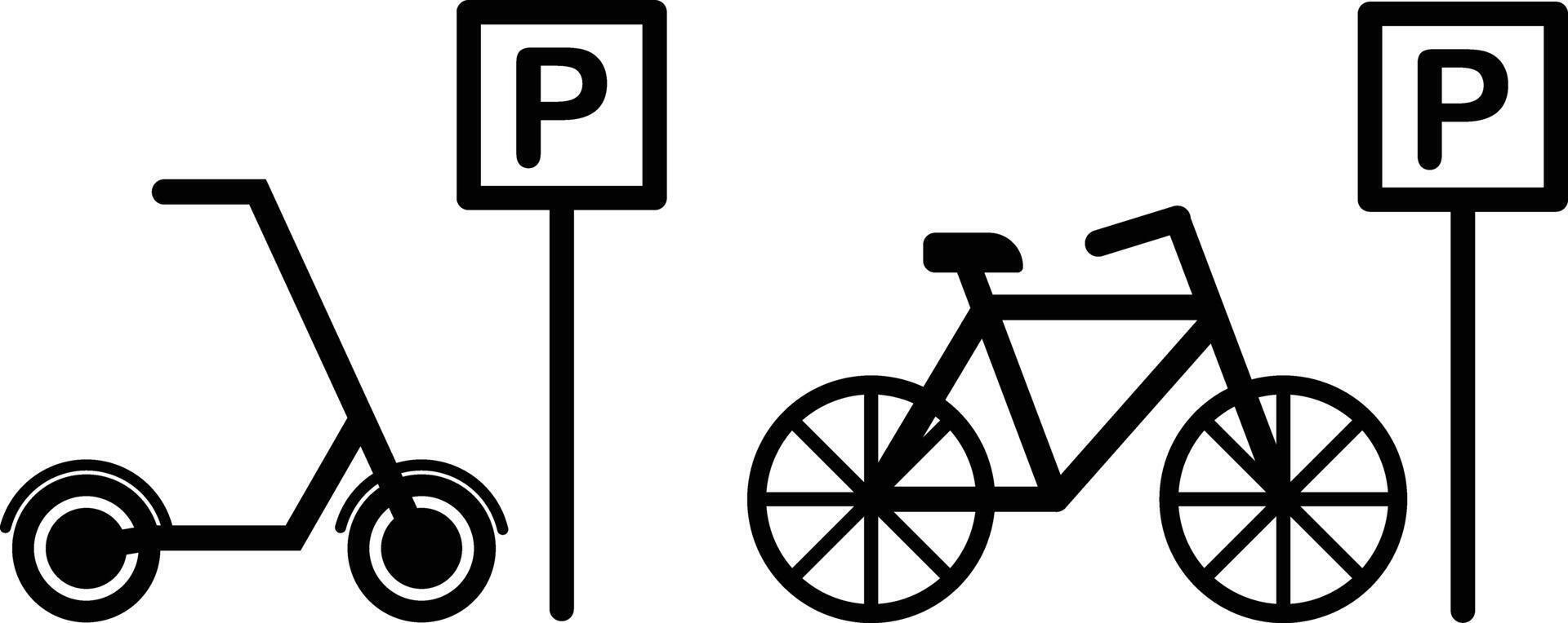 Bicycle scooter parking icons set. black and white illustration of a bicycle, scooter and parking sign vector