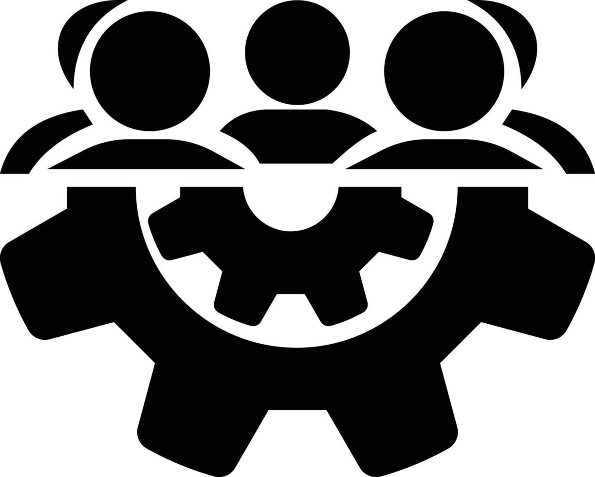 Team work icon, four people in a gear icon, Community group symbol. Line team work icon. Team work illustration vector