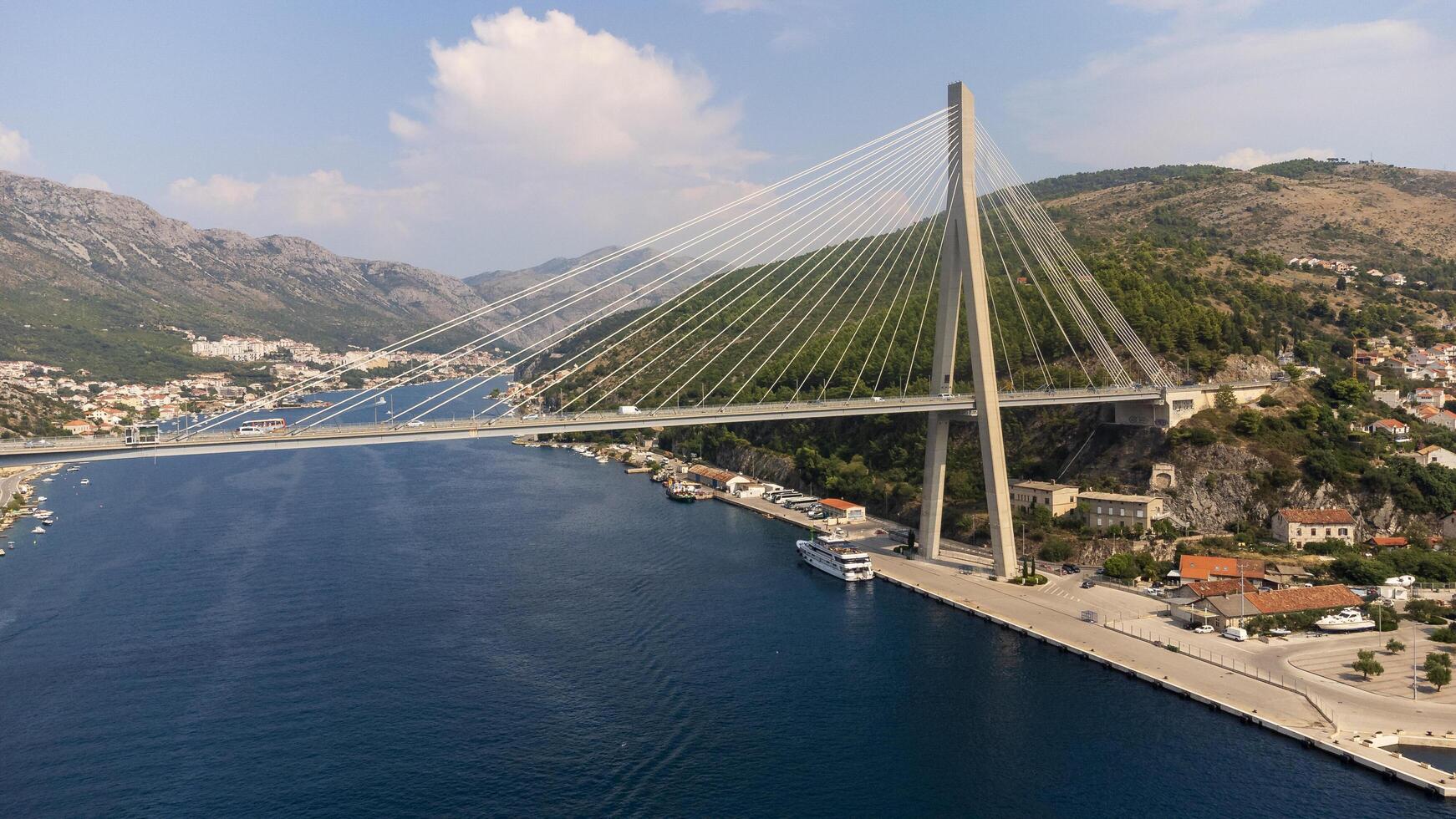 Landscape of Franjo Tudman Bridge, a cable-stayed bridge, engineering work built for transportation and travel, near the port of Dubrovnik in Croatia photo