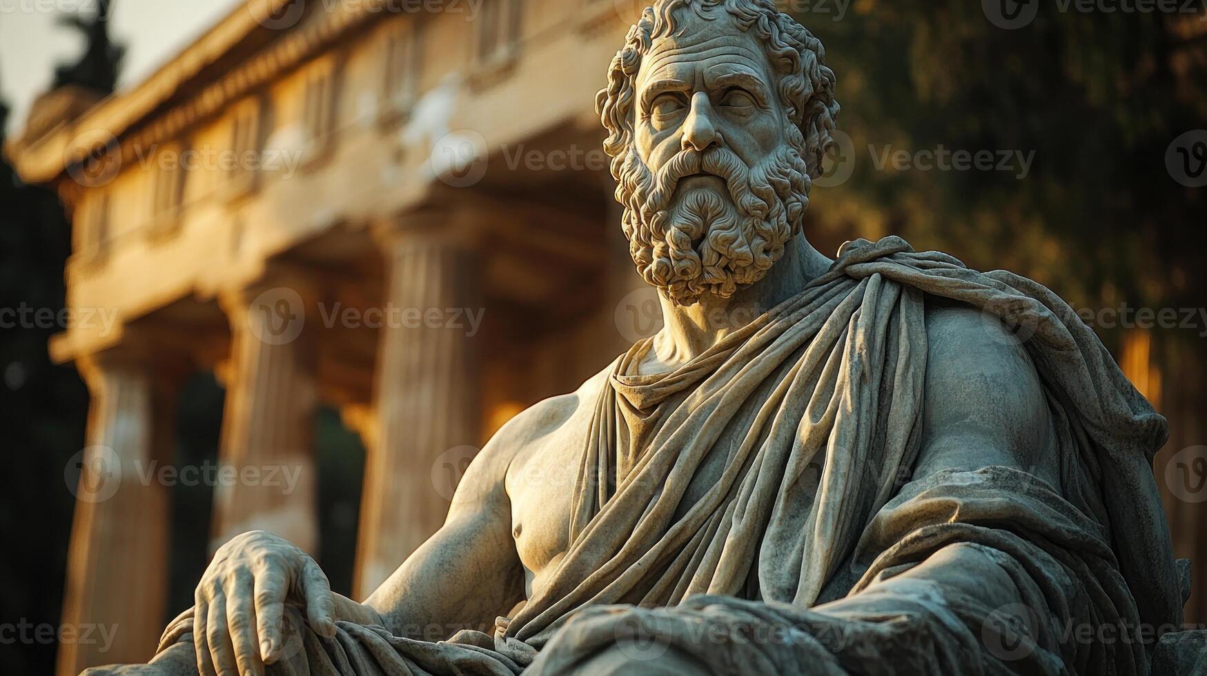 A thoughtful philosopher statue gazes into the distance, bathed in warm evening light photo