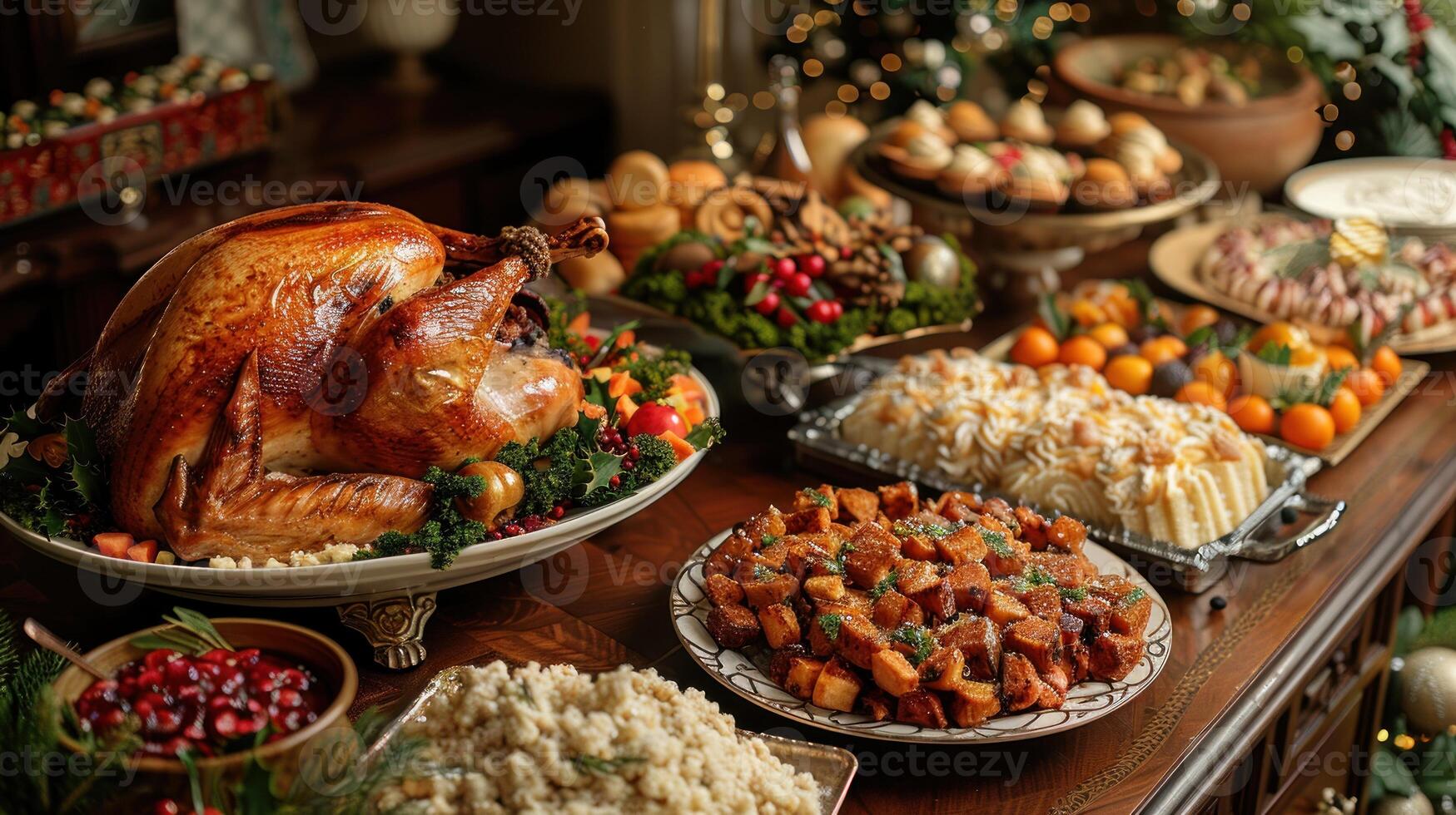 Roasted turkey shines at a festive table loaded with delicious dishes photo