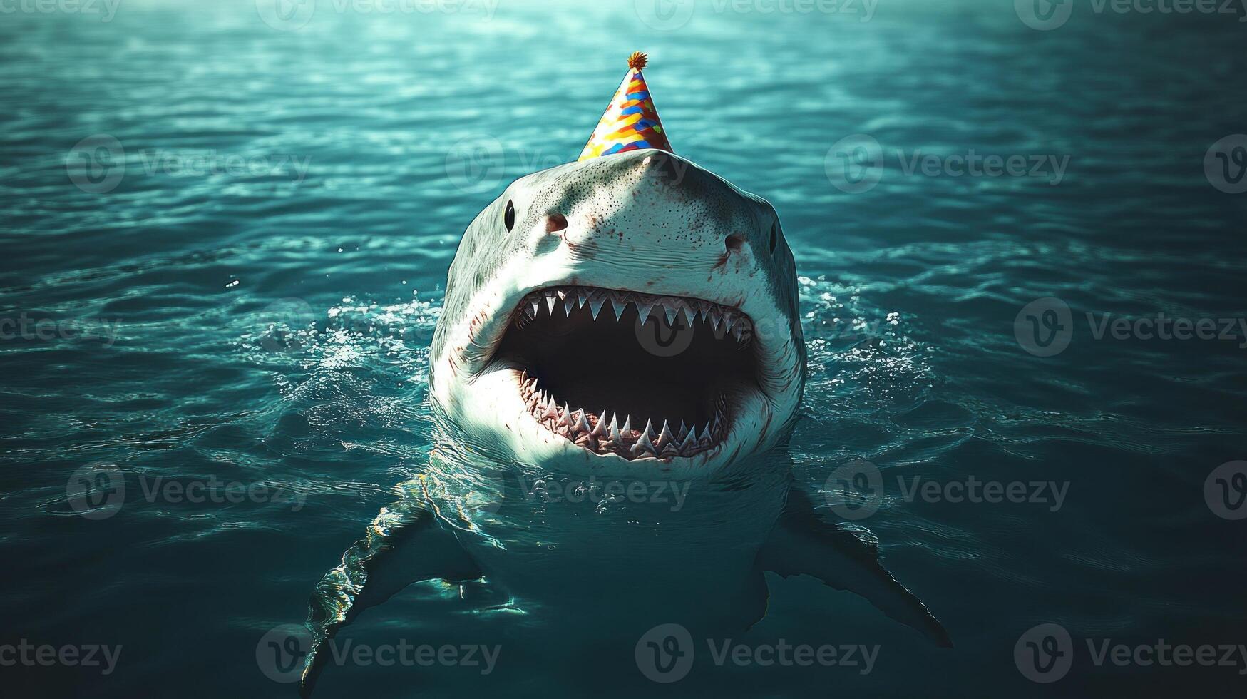 A cheerful shark pops up with a colorful party hat, radiating joy photo