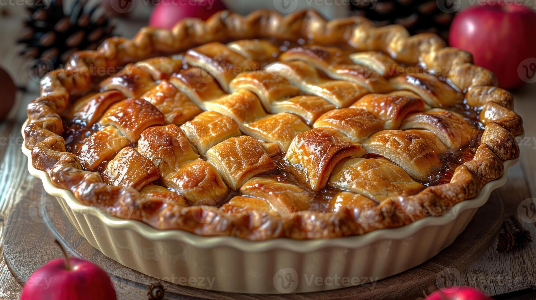 Warm apple pie with golden crust rests on a wooden table surrounded by pinecones photo