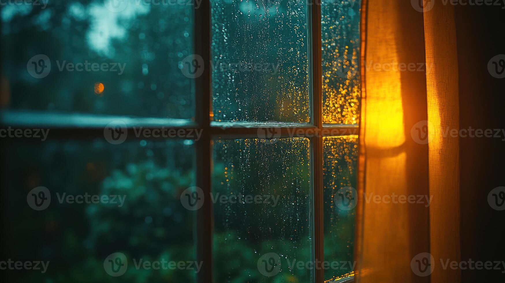 Raindrops trickle down the glass as warm evening light shines through a curtain photo