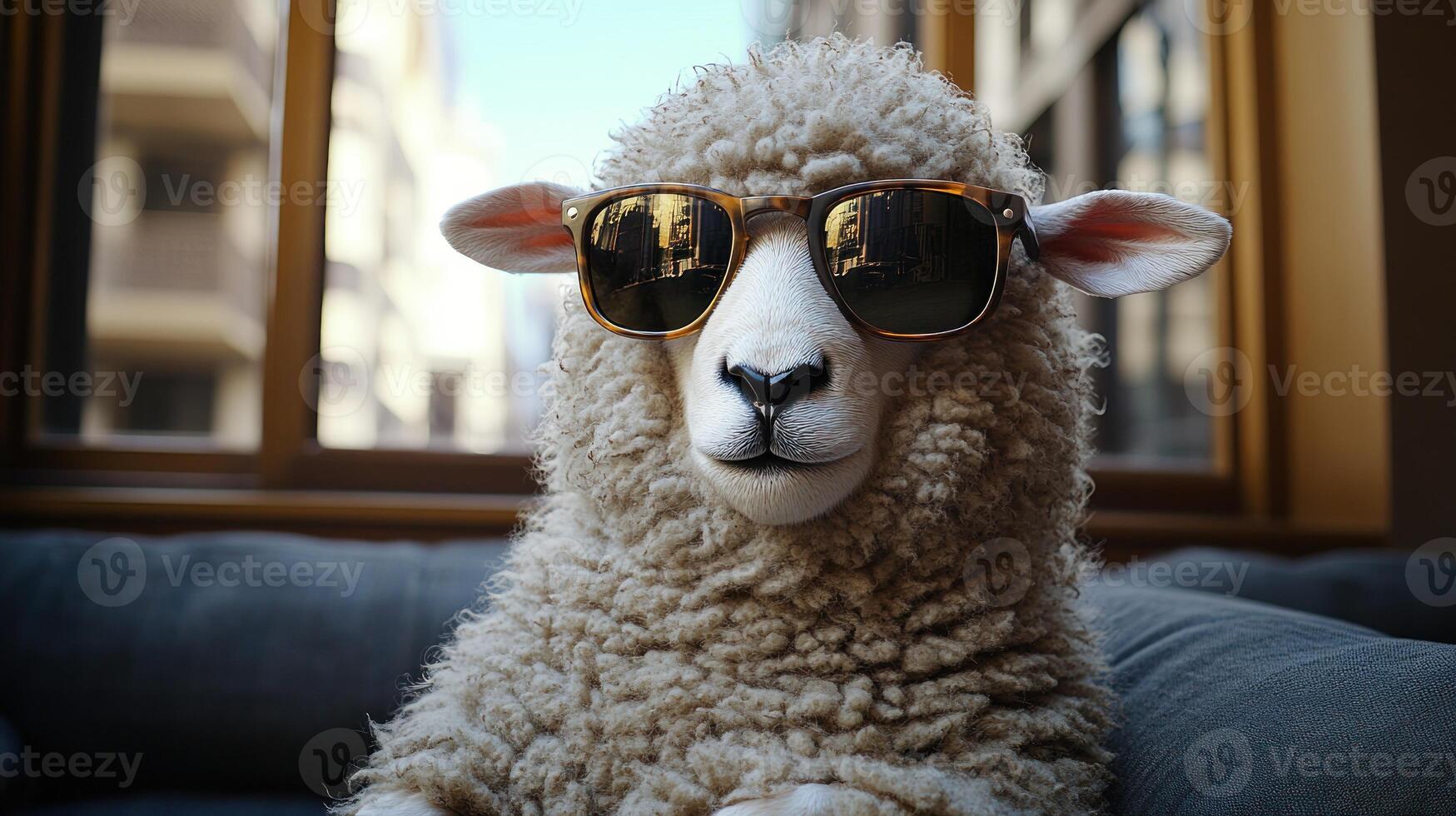 A fluffy sheep sits comfortably in a modern indoor setting, exuding charm and style photo