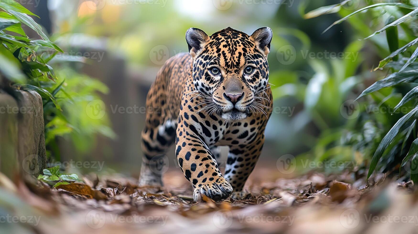A striking jaguar moves gracefully through dense foliage, reflecting the morning light photo
