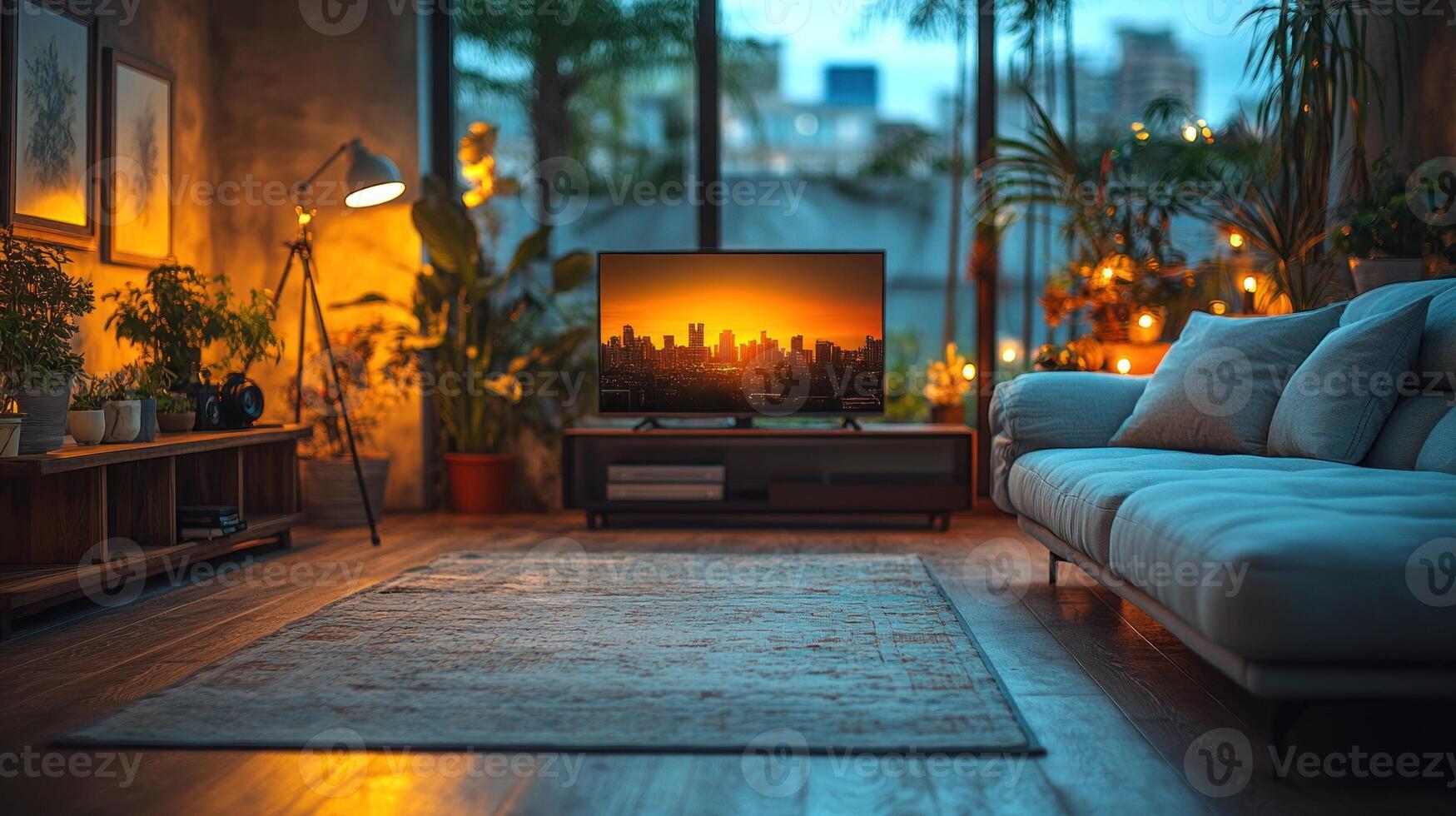 Warm light casts a serene atmosphere in a chic lounge with city skyline at dusk photo