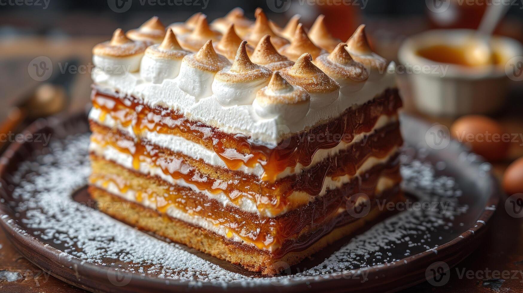Indulge in a layered cake with a glossy caramel finish and sweet meringue peaks photo