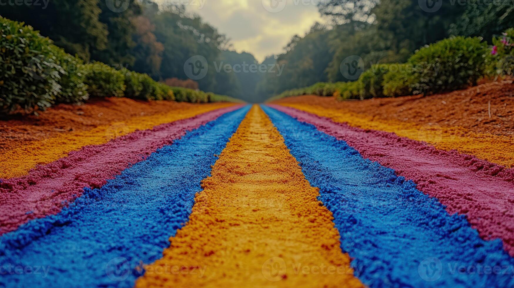 Colorful paths of sand stretch through a lush garden under a soft sunset glow photo