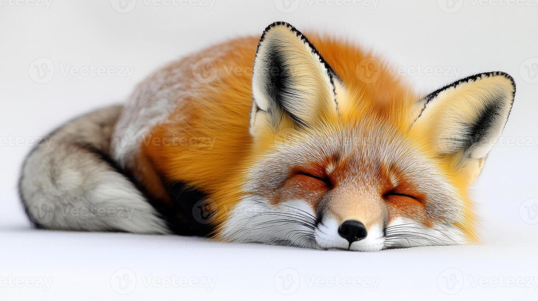 A cozy red fox sleeping soundly on a bed of fresh snow, enjoying its winter nap photo