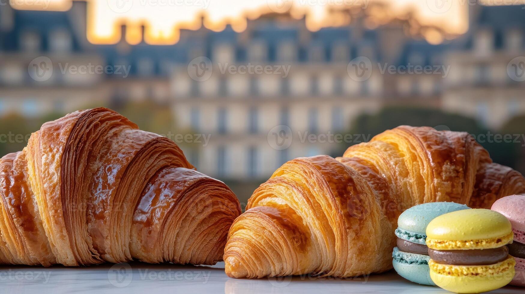 Delight in a selection of buttery croissants and vibrant macarons as the sun rises photo