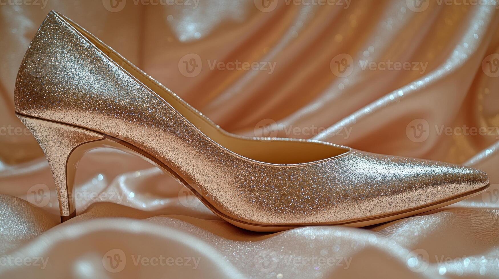 A stunning golden high heel shoe shines elegantly against a soft satin backdrop photo
