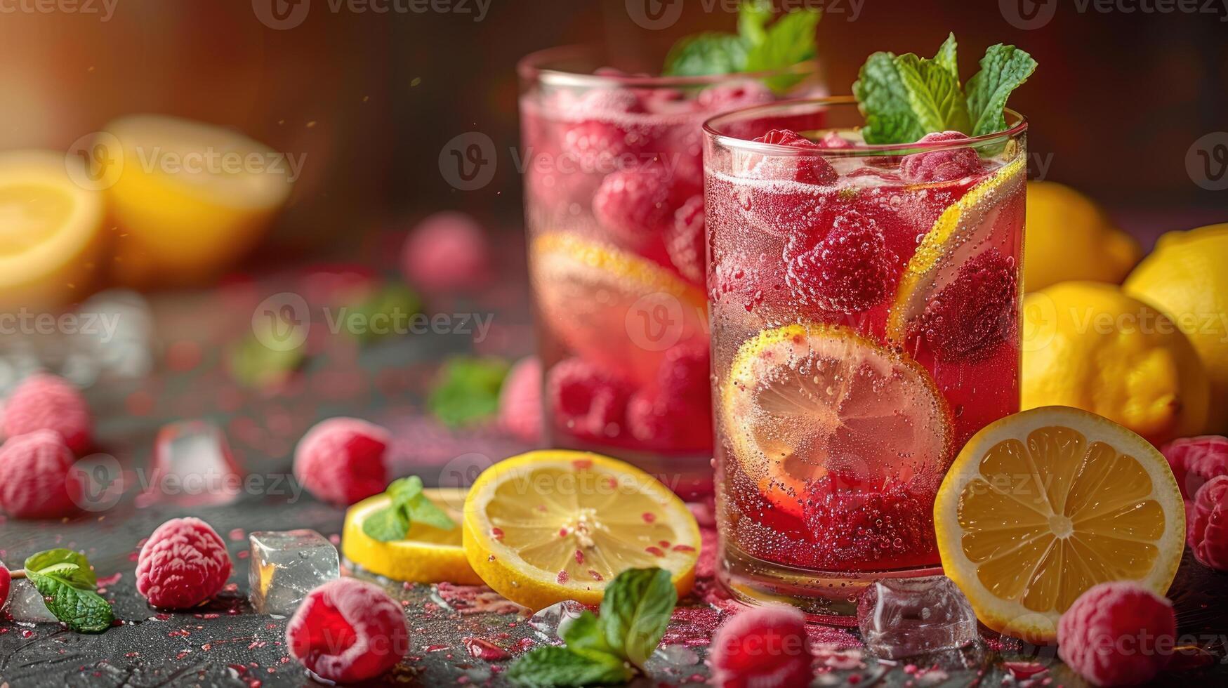 Refreshing lemonade combines zesty lemon, sweet raspberries, and mint leaves for summer photo