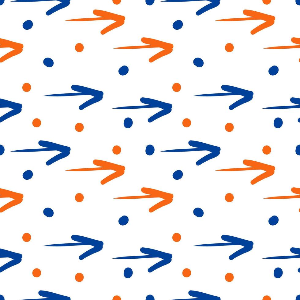 A pattern of dots, blue and orange strokes with hand-drawn curved arrows, handwriting. vector