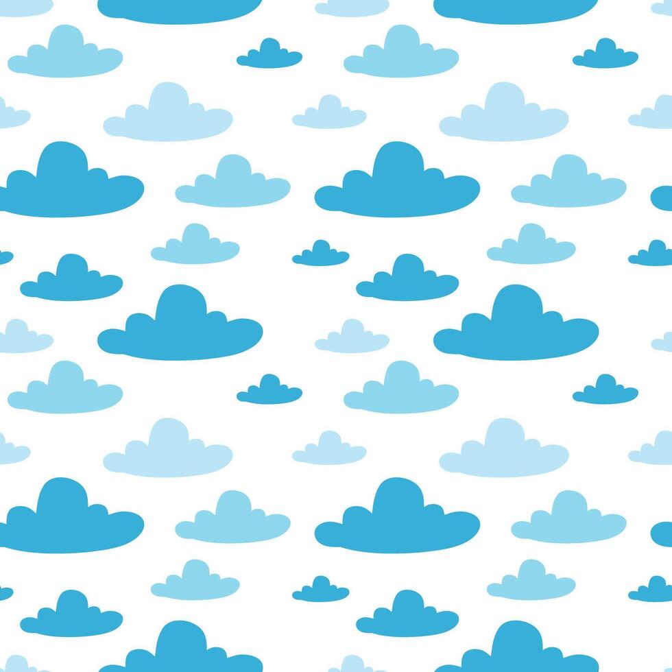Blue seamless pattern with sky, cartoon style clouds for design. Happy childhood dreams. vector