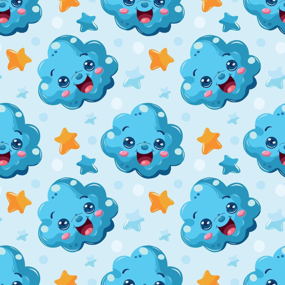 Pale blue seamless pattern with clouds. Happy baby clouds are flying. vector