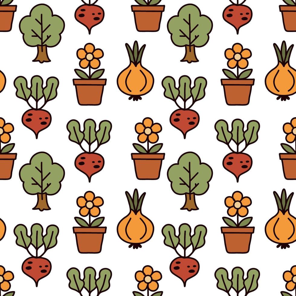 Seamless pattern of onions and flowers, a set of vegetables, a drawing, a hand drawn illustration. vector