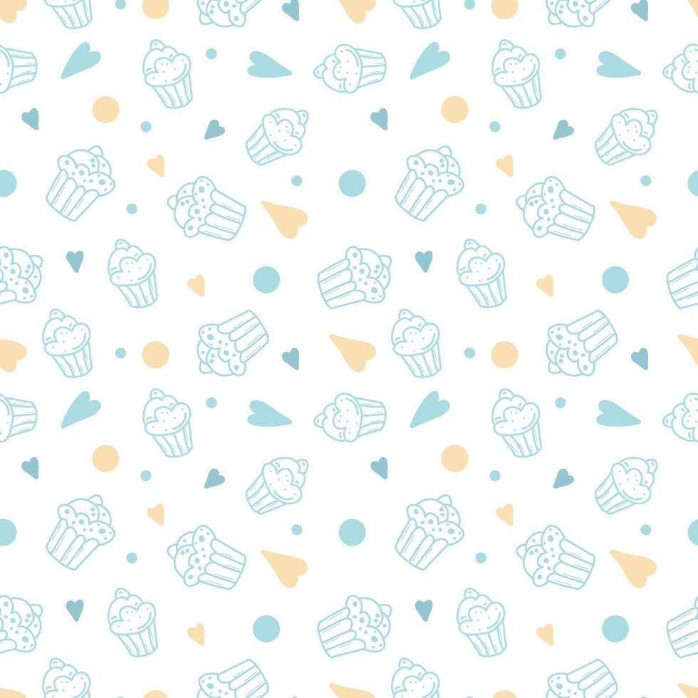 Cupcakes and cakes with a pastel seamless pattern on the background. vector