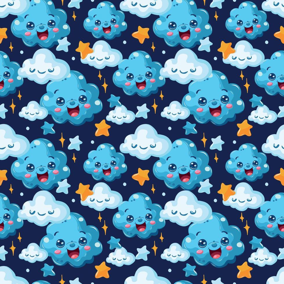 Blue seamless pattern with clouds, highlights and stars for design. Happy childhood dreams. vector