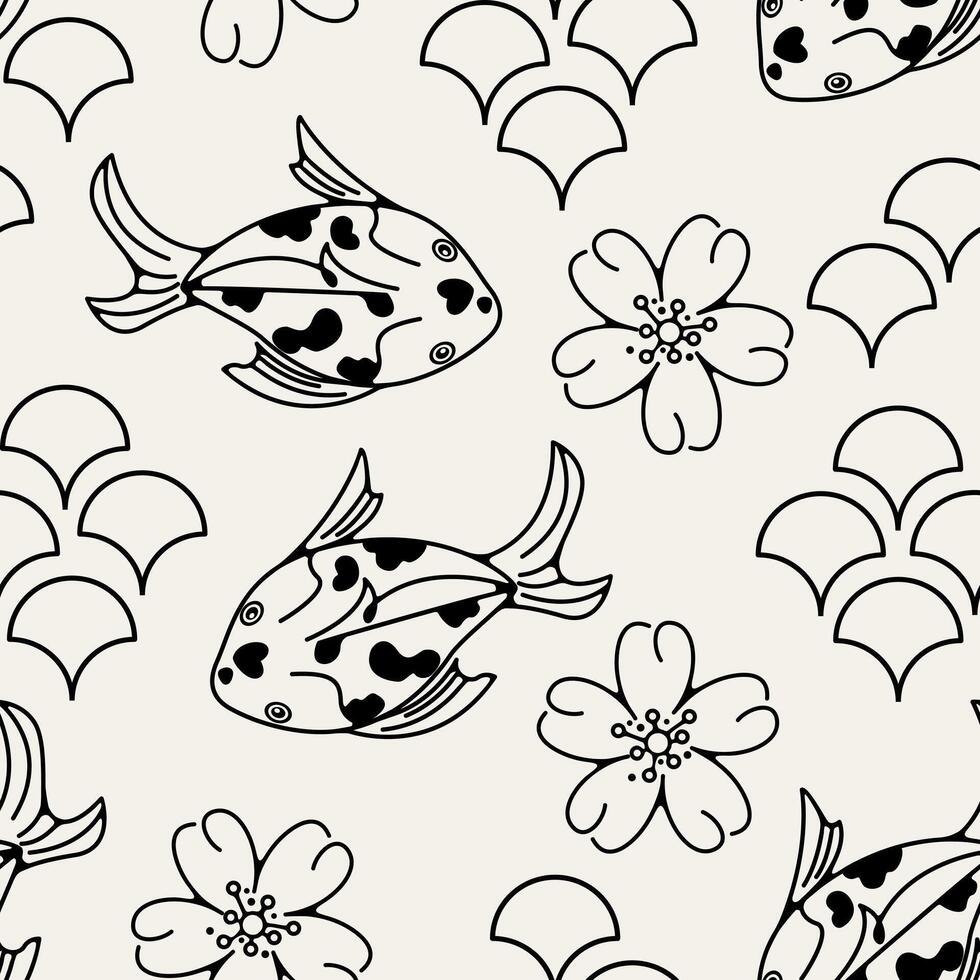 Koi Fish And Scale Motif Japan Sakura Seamless Pattern Outline Fish Japanese Floral Pattern. vector