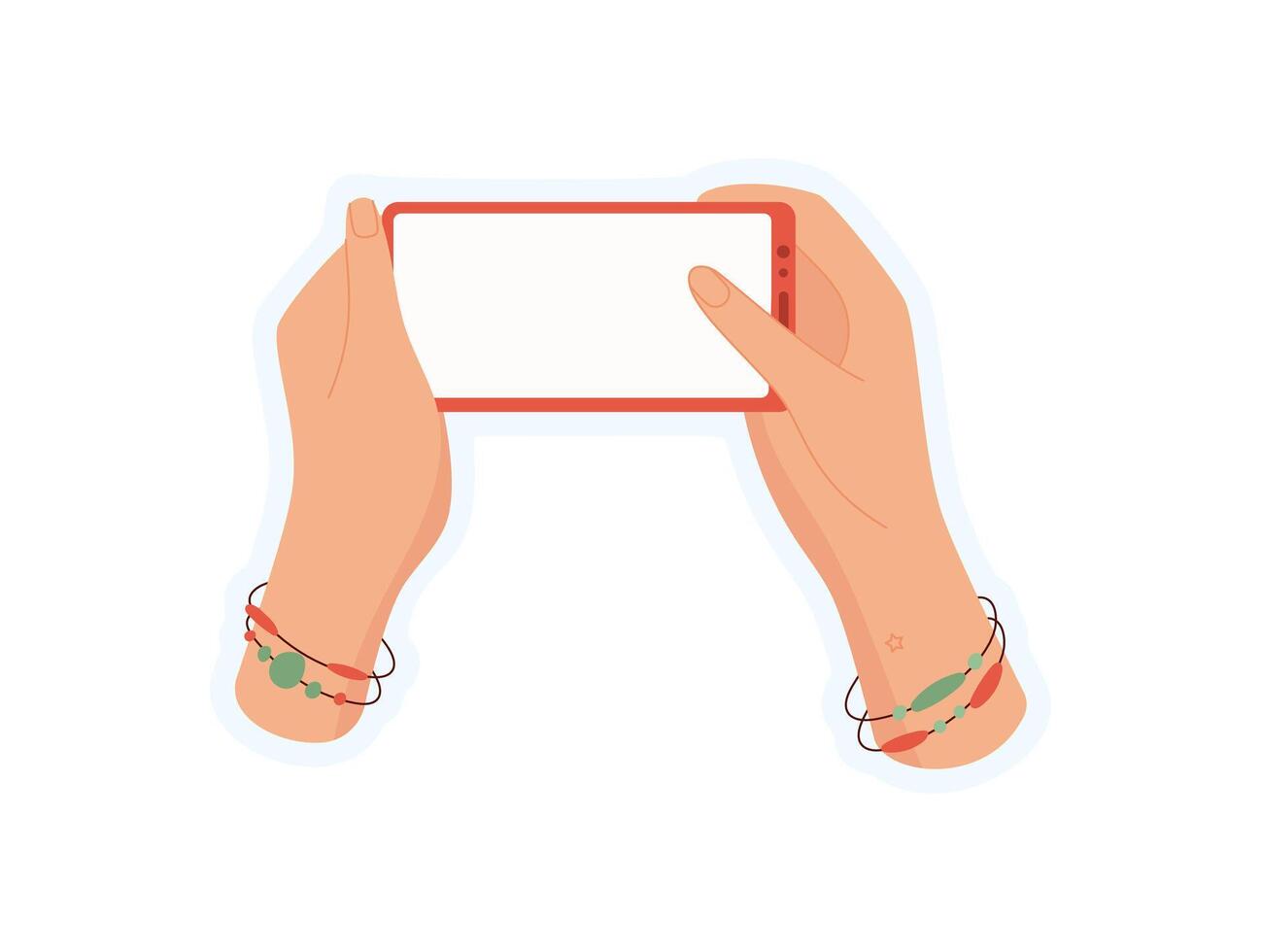 User holding phone sticker. Hand grips smartphone sticker with screen displaying a template. Gesture of interaction, digital communication, and social media usage in a mobile context. vector