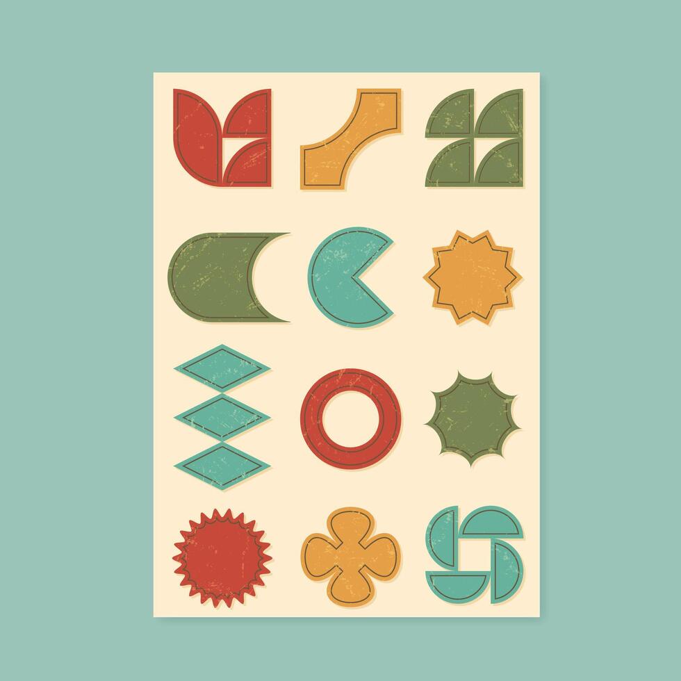 Retro grunge geometric shape set in flat brutalism style. Includes bold forms like star, circle, flower, triangle, and square. Y2K inspired, minimal aesthetic for creative design. vector