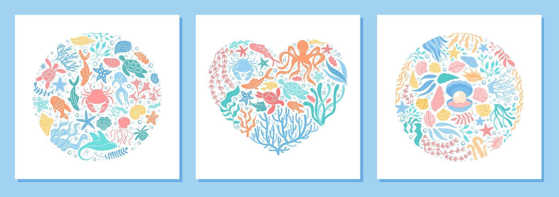 Underwater heart and circle doodle in cartoon graphic style. Vibrant ocean concept features marine life such as fish, coral, turtle, and starfish. Aquatic shapes create a seamless round pattern, vector