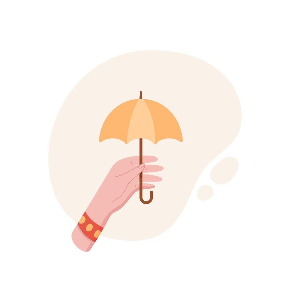 Umbrella hand gesture icon. Symbol of protection and safety represented by a hand holding an umbrella. Flat graphic style, suitable for various applications like banners or stickers. vector