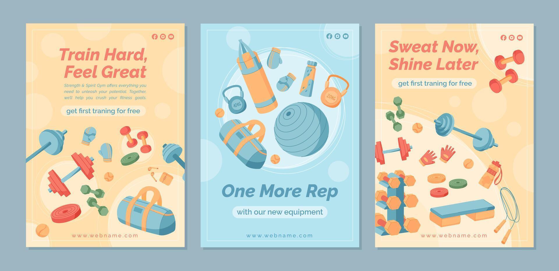 Flat fitness banner design with gym equipment set. Dumbbells, kettlebells, and accessories for exercise and training. Vibrant background set for sport workout promotion. vector