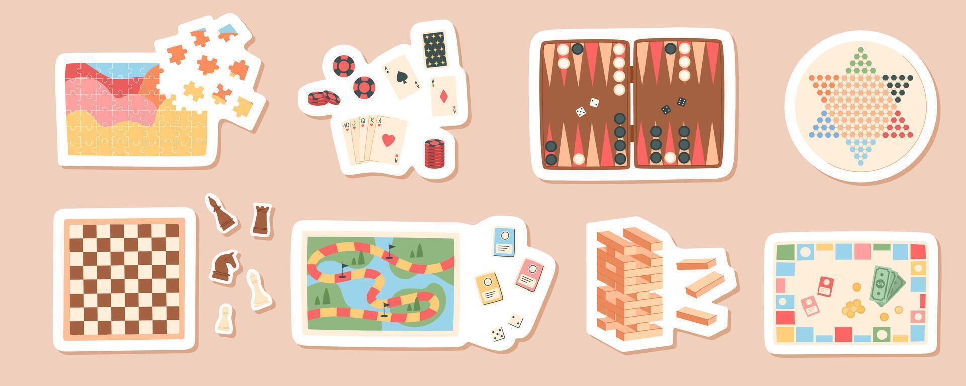 Flat cartoon sticker set with board games. Includes chess, card, jenga, table activities, and puzzle pieces. Fun collection of boardgame entertainment for kids, family leisure, and childhood vector