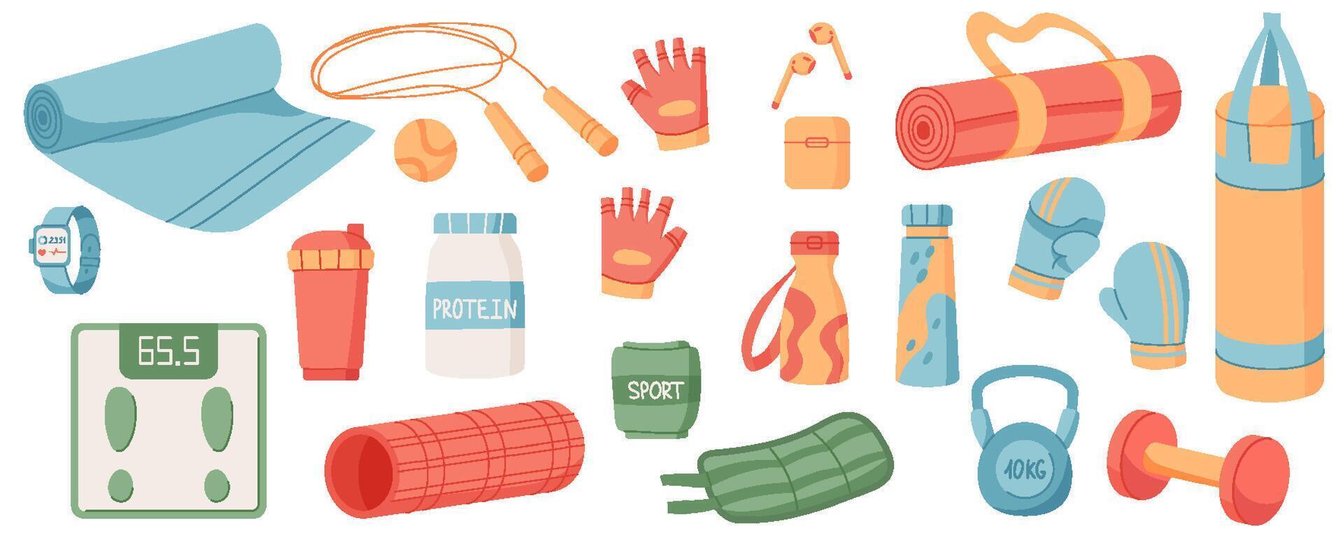 Flat sport equipment set background. Gym accessories including dumbbell, kettlebell, mat, and other training tools. Fitness and workout gear for healthy lifestyle exercise routines. Professional, vector