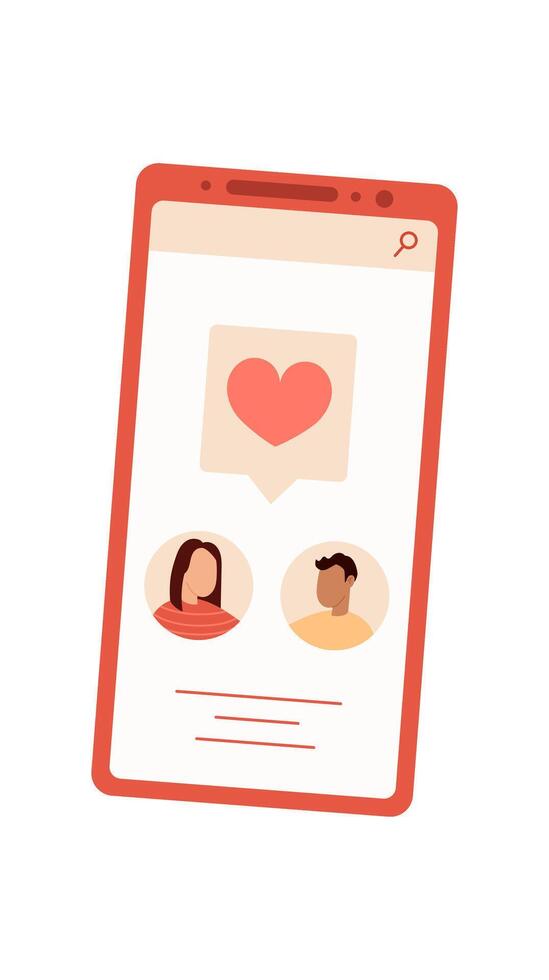 Smartphone displays a dating app on the screen. Mobile app features profiles of people for online interaction. Chat application connects users through communication, flat design, ideal for digital vector