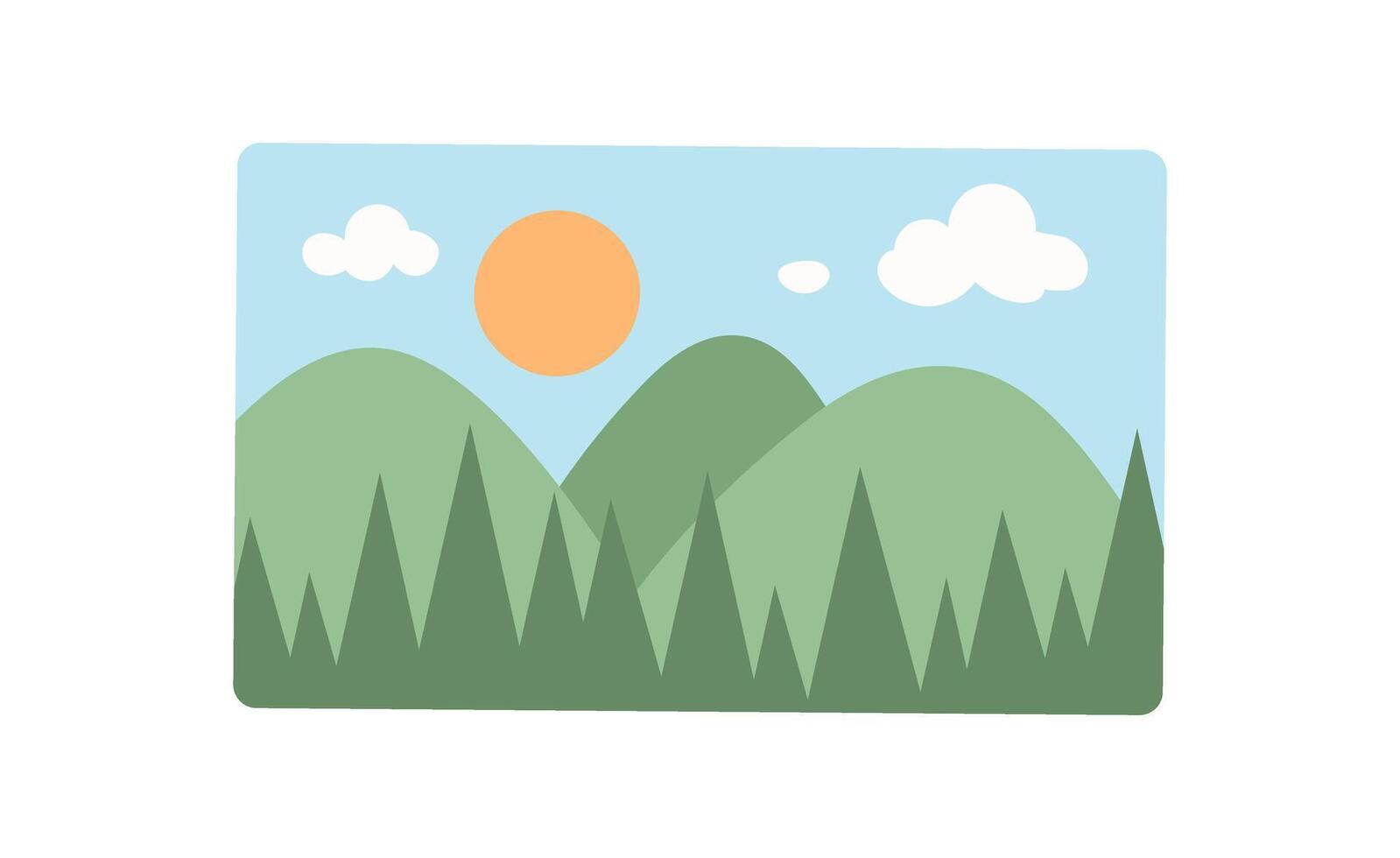 Stylized mountain landscape with bright sun and clouds. A flat depiction of nature shows rolling hills and a clear blue sky. Vibrant mountains illustrate an outdoor scene, simple colorful, ideal for vector