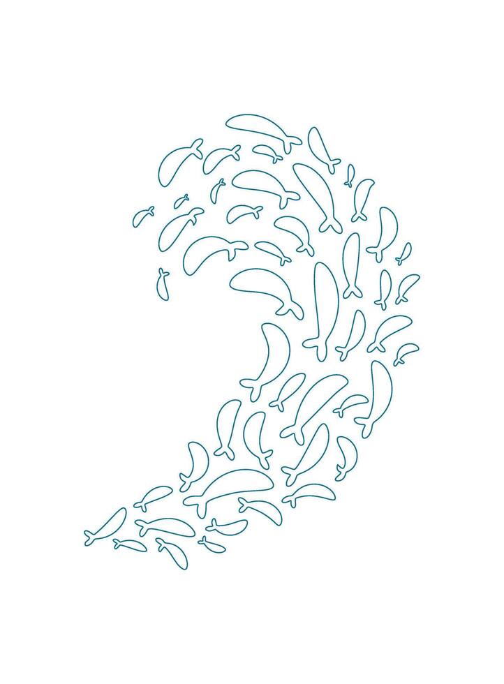 Aquatic fish school silhouette. Many fish swim in a wave pattern. Ocean life, flat outline style, perfect for summer projects, childrens decor, or marine designs. vector