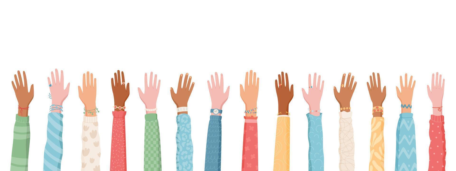 Colorful raised open hands set in flat cartoon graphic style. Open diverse human palms and gestures in multicultural people context. Unity and community concept, vibrant background for design vector