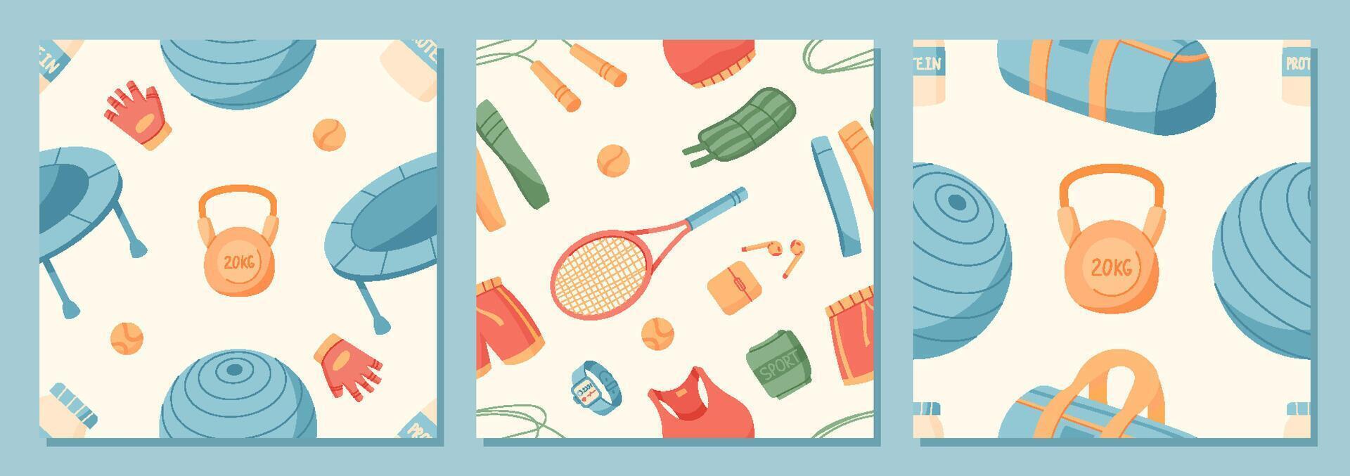 Flat colorful seamless pattern of sport equipment set. Gym and fitness accessories like kettlebell, yoga mat, and workout gear create a unique set. Ideal background for training, health, or active vector