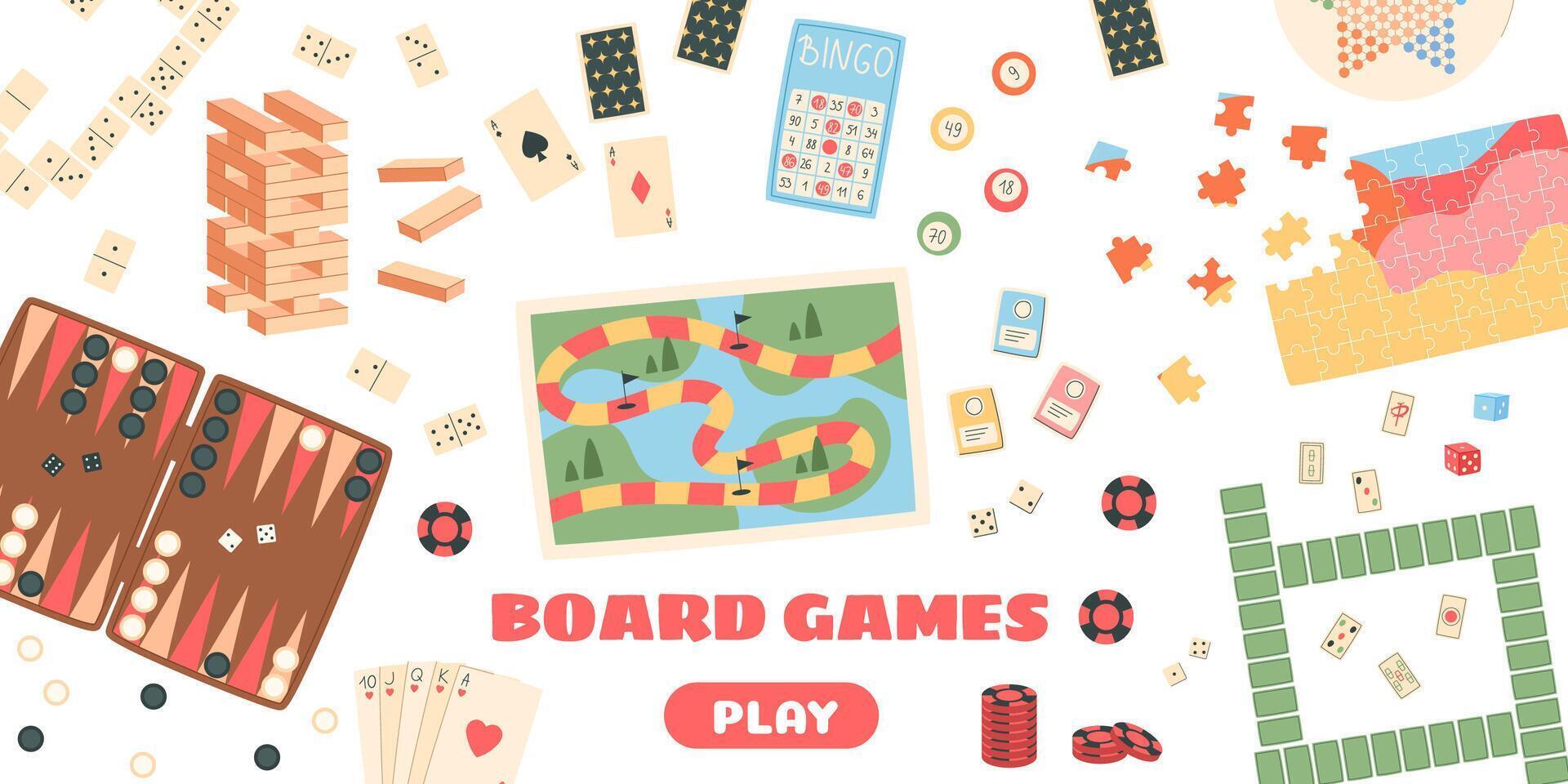 Flat boardgame banner with colorful pieces and dice. Puzzle tiles, cards, and bingo elements set for family table play. Isolated graphic for hobby, entertainment, party. vector