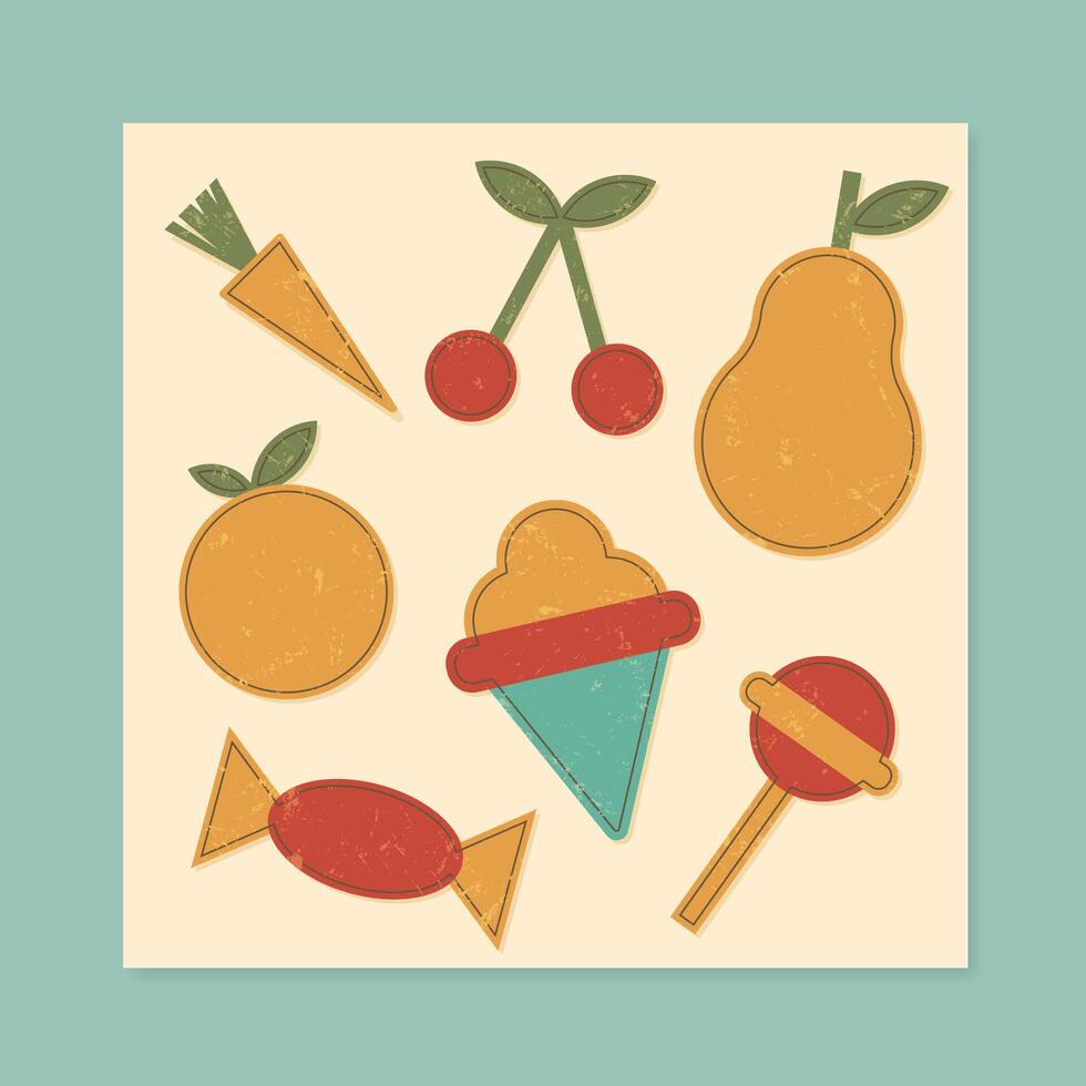 Retro grunge sticker set with funky shapes. Flat fruit icons feature playful candy forms and minimal patch details. Perfect for y2k or brutalism inspired decorations, square frames, or creative vector