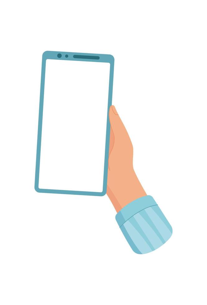 A hand holds a smartphone with a blank screen. The user gestures with their finger on the digital device. This mobile phone template illustrates advanced technology in simple visual style, suitable vector