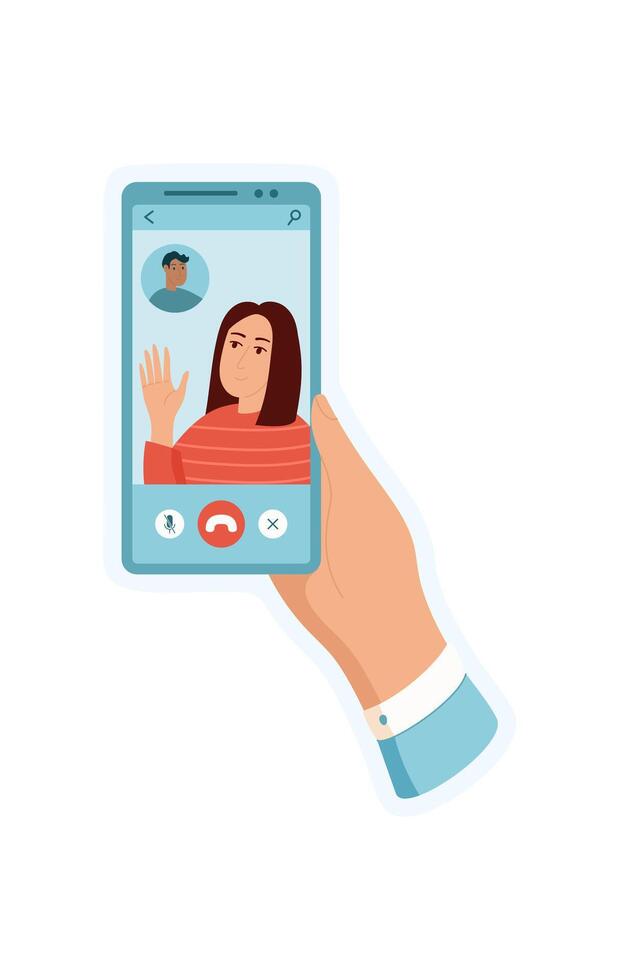 Sticker of hand holding phone. Mobile telephone displays chat app. Social communication concept, digital illustration, ideal for online media or technology usage. vector
