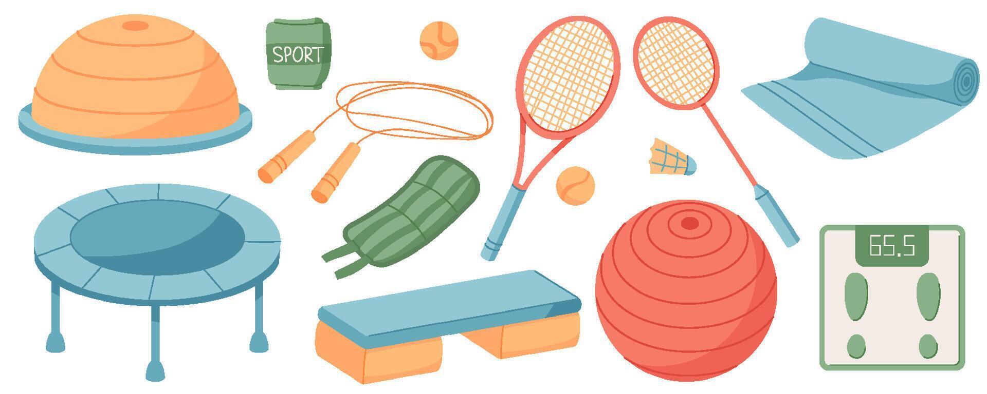 Colorful flat illustration of gym equipment set. Vibrant exercise gear and training accessories for fitness and workout. Dynamic background highlighting sport lifestyle, ideal for healthy activity vector