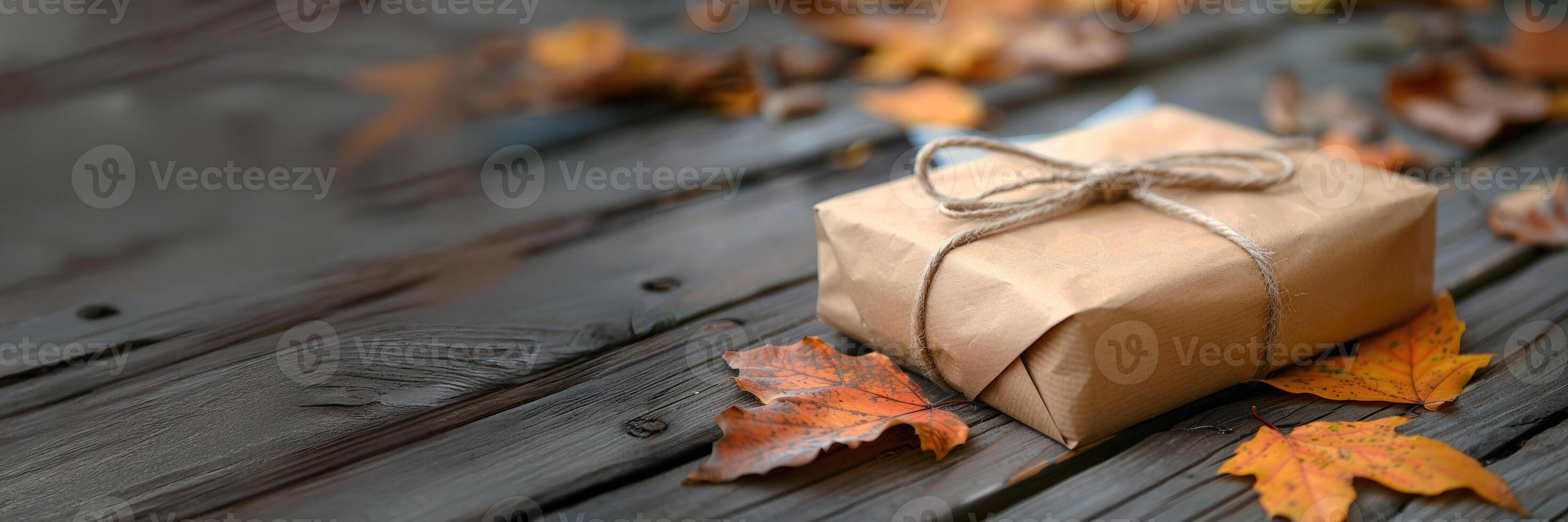 Banner with a gift wrapped in brown kraft paper and tied with a bow placed on a wooden surface surrounded by colorful autumn leaves. Autumn background with copy space for text, advertising and message photo
