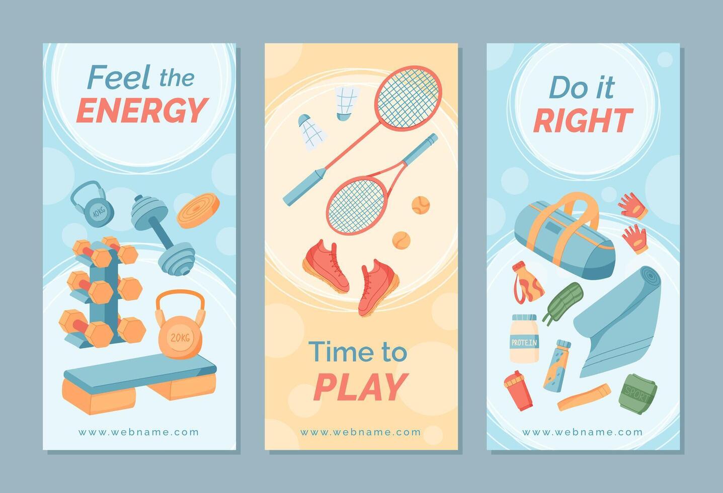 Flat colorful sport banner design template set. Gym equipment, badminton rackets, sneakers in dynamic layout set. Ideal for fitness, healthy lifestyle, and workout promotion background. vector