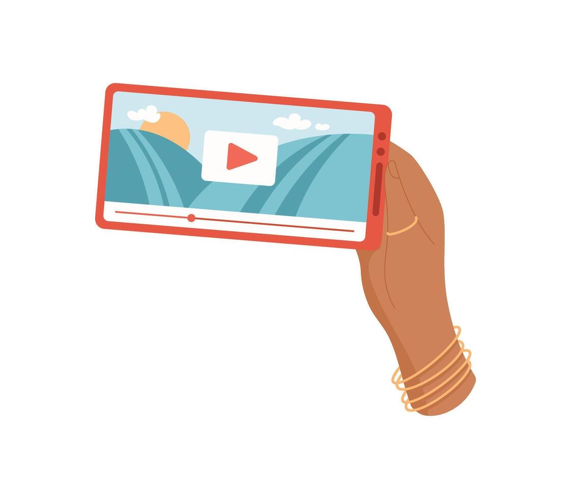 A hand holds a phone displaying a application. A user interacts with the touchscreen mobile while engaging with media content. The device enables communication, social sharing, and vector