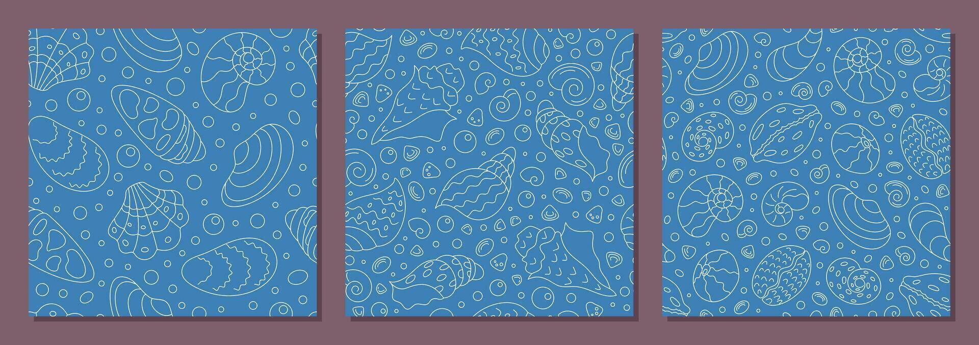 Seamless marine pattern set with seashells and conch in outline style. Ocean underwater motifs include shell and sea elements. Perfect doodle background for aquatic decor creative designs, ensuring vector