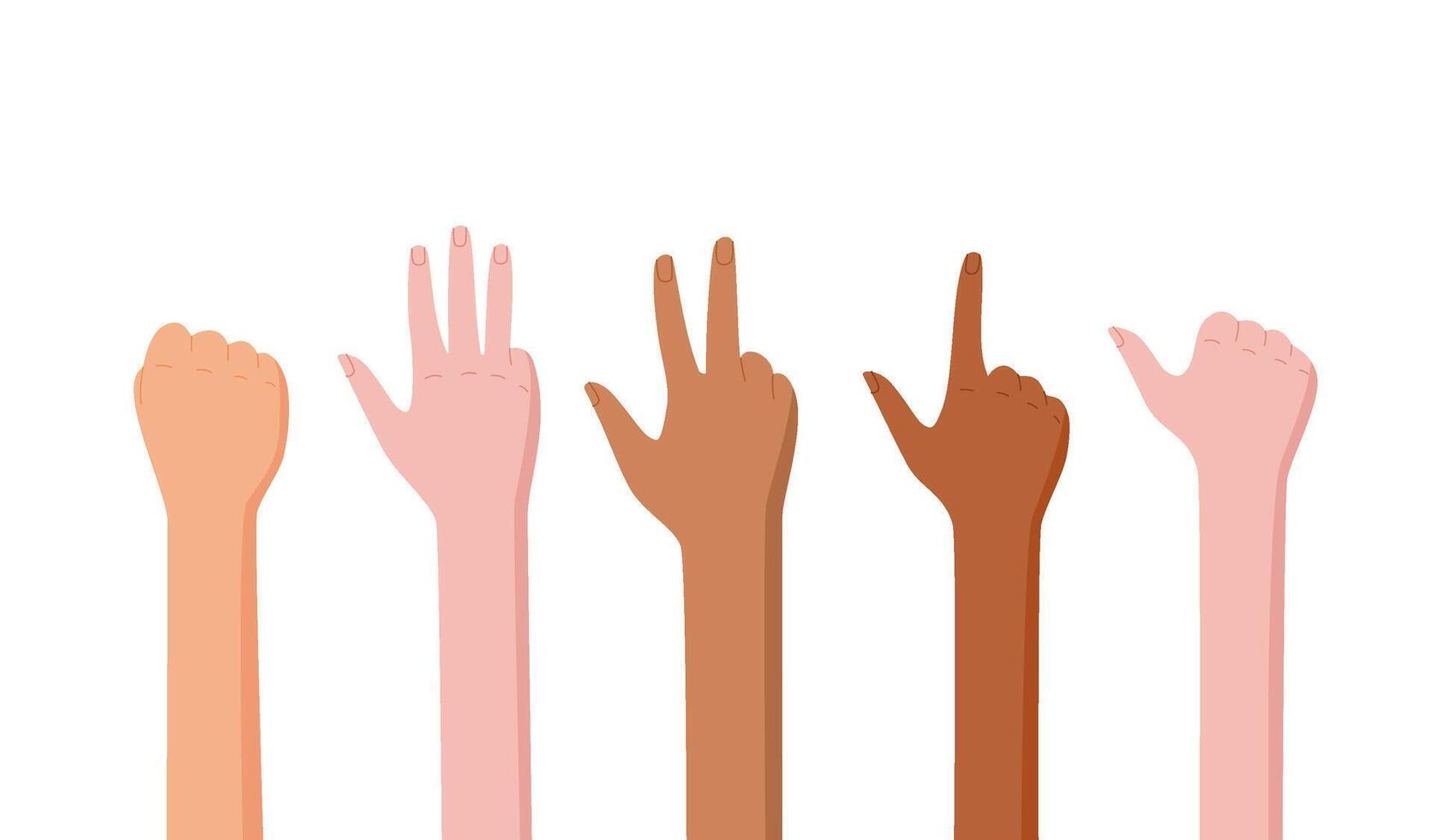Flat cartoon set of hands with fingers in varied gestures. Hands, each with different arm positions, show unique signals and numbers. Ideal for character design, educational purposes, or fun vector