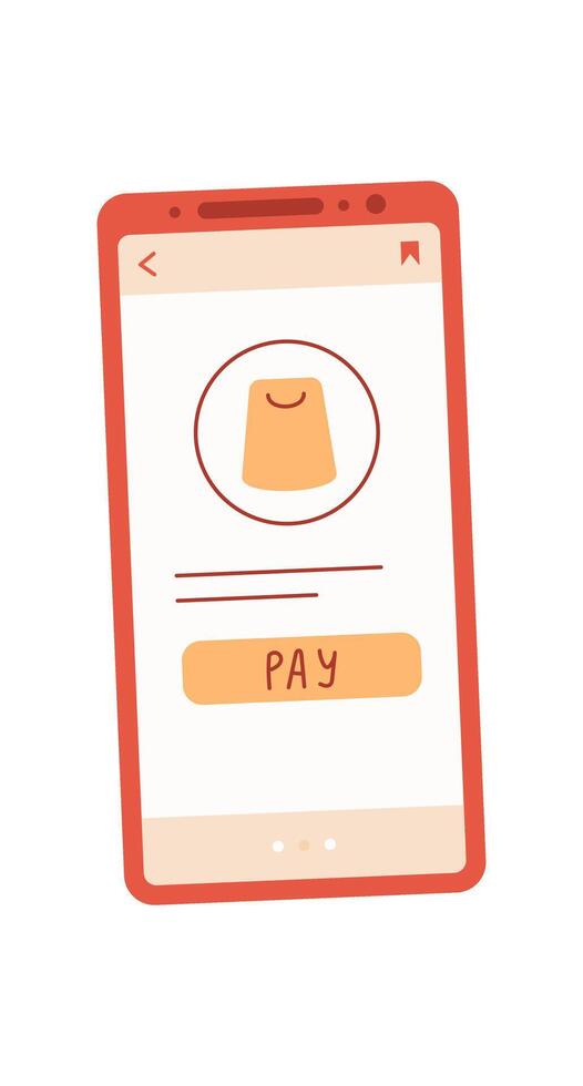 Smartphone displaying a payment app interface in a flat design. Mobile device features user order screen with buy button. Designed for online commerce and digital transactions, perfect for e vector