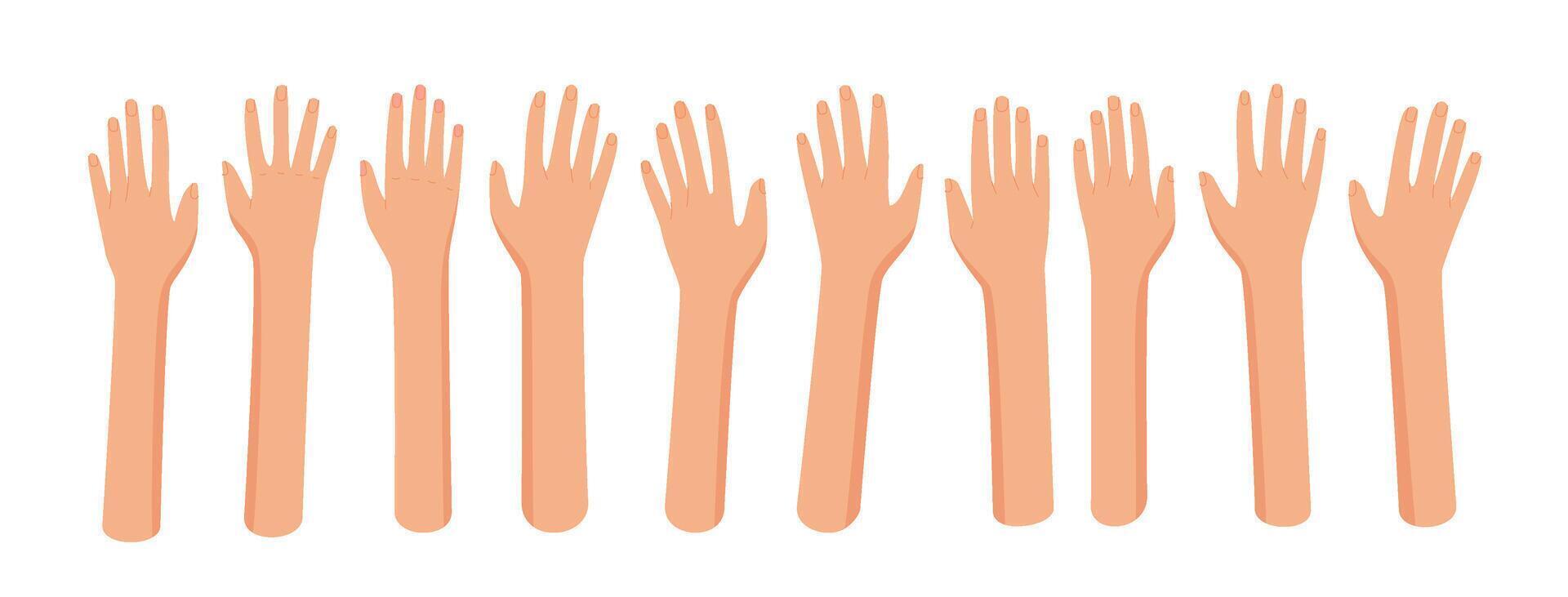 Colorful flat open hand set with raised human gestures. Open bare hands symbolize solidarity, community, and support. Bright and diverse concept perfect for promoting teamwork aid. Ideal for banners, vector